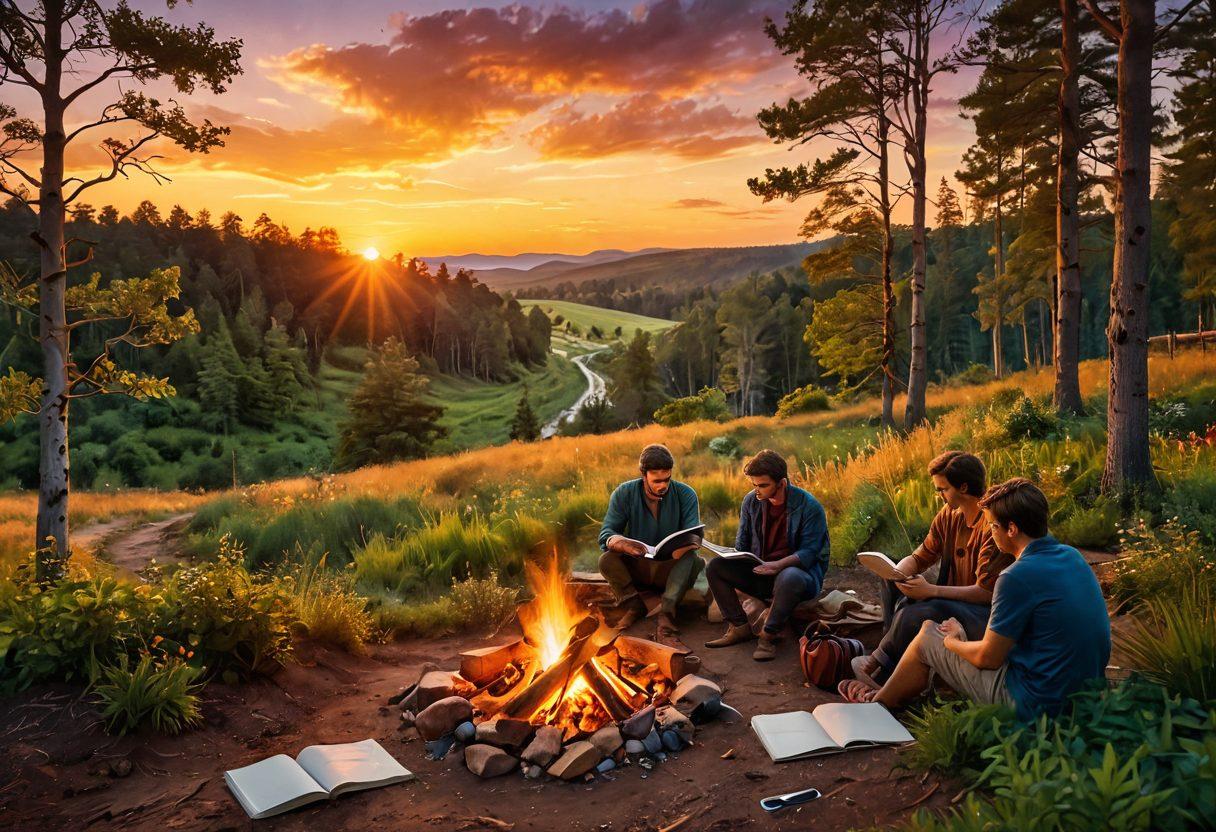 A captivating landscape depicting a winding path through lush forests and open fields, with a diverse group of people sharing stories around a campfire, captured in warm sunset light. The imagery includes elements of notebooks, cameras, and digital devices symbolizing content creation. Emphasize a feeling of connection and creativity. vibrant colors. super-realistic.