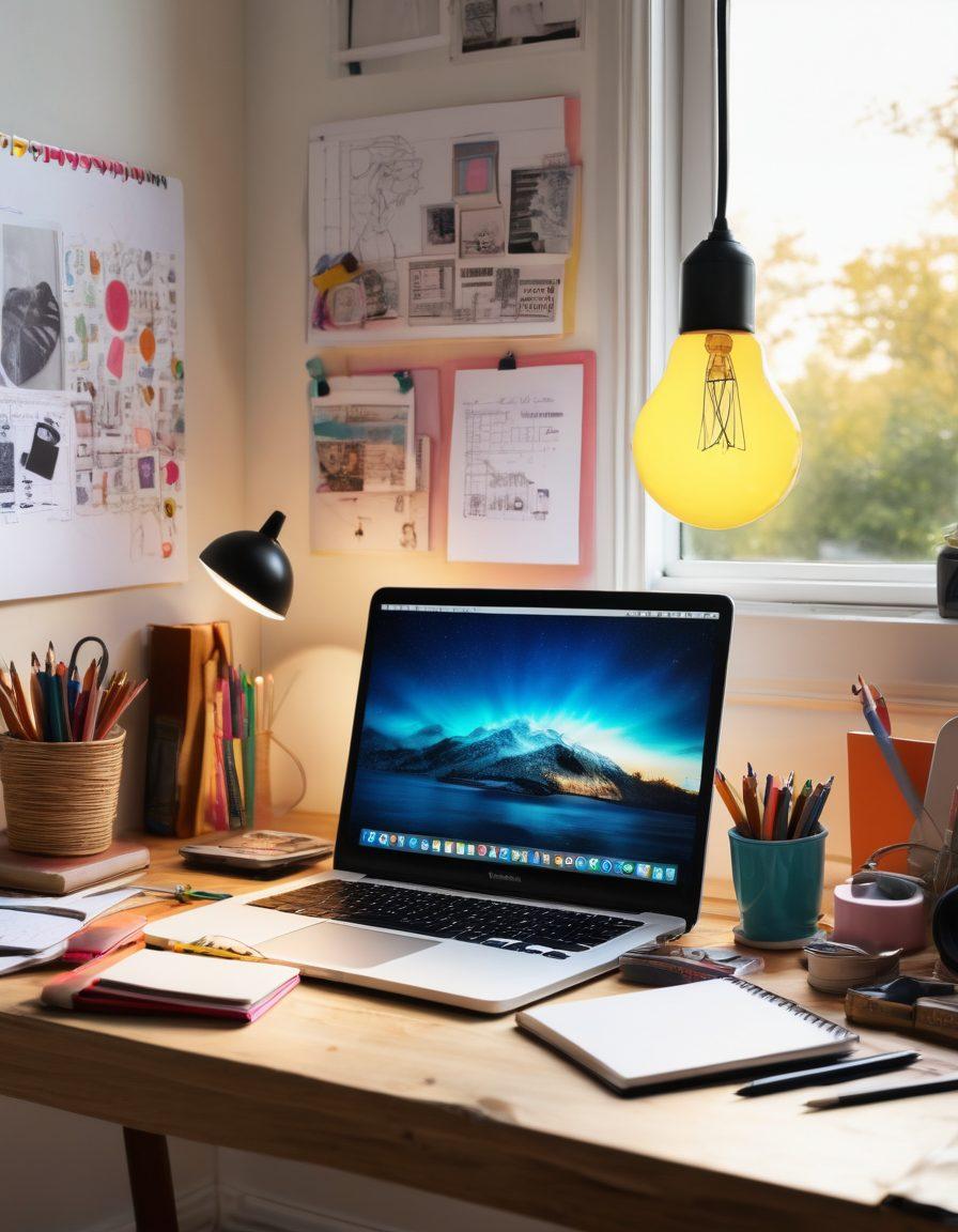 A vibrant and whimsical workspace filled with colorful notebooks, sketchpads, and creative tools, radiating an aura of inspiration. A glowing lightbulb symbolizes innovative ideas above a laptop with a blog interface. Surrounding the area are elements of digital storytelling like illustrated characters, a camera, and art supplies scattered around. Bright and inviting atmosphere, showcasing a blend of technology and creativity. super-realistic. vibrant colors. white background.